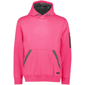A bright pink unisex water-resistant hoodie featuring a front pocket and a logo on the sleeve.