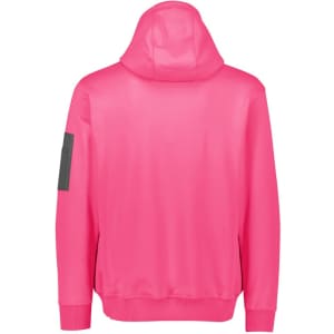A bright pink unisex water-resistant hoodie with a hood and a patch on the sleeve.