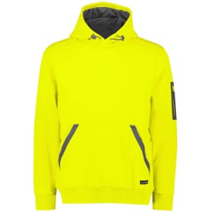 A bright yellow unisex water-resistant hoodie with a grey interior and a logo on the sleeve.