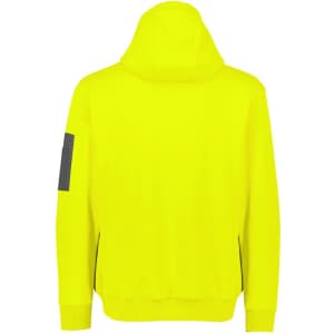 A bright yellow unisex water-resistant hoodie featuring a hood and a black logo on the sleeve.