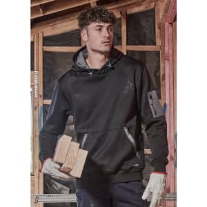A black unisex water-resistant hoodie with a logo, featuring a front pocket and worn by a model holding wooden blocks.