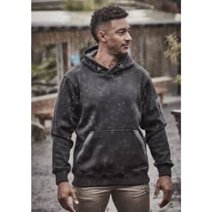 A unisex water-resistant hoodie in black, featuring a hood and front pockets, worn by a model outdoors.