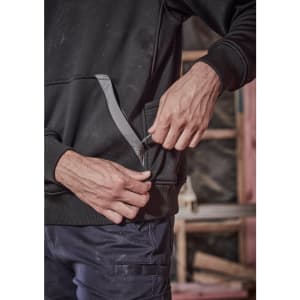 A unisex, black water-resistant hoodie with a front pocket and grey detailing, designed for workwear.