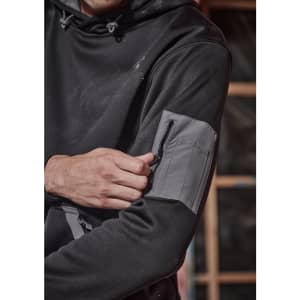 A black unisex water resistant hoodie featuring a zippered pocket on the sleeve and a drawstring hood.