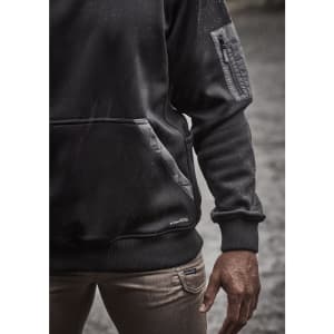 A black unisex water-resistant hoodie featuring a pocket and logo, with a sleek design.