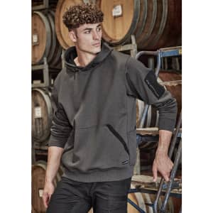 A unisex, water-resistant hoodie in dark grey, featuring a logo, front pockets, and a hood.