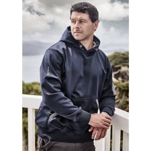 A navy unisex water-resistant hoodie with a front pocket and drawstring hood is displayed outdoors. It features a logo.