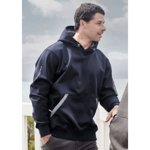 A navy unisex water-resistant hoodie with a logo, featuring a drawstring hood and side detailing.