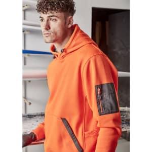 A bright orange unisex water-resistant hoodie with a hood and a pocket on the sleeve, featuring a logo.