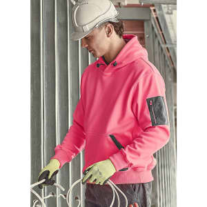 A pink unisex water-resistant hoodie with a pocket, worn by a person in a hard hat and gloves, in a construction setting.