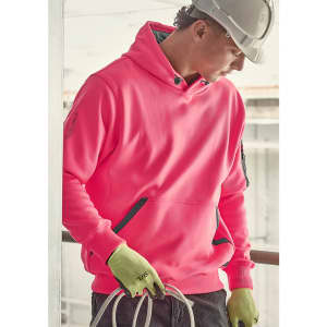 A bright pink unisex water-resistant hoodie with a front pocket and a logo, worn by a person with a hard hat and gloves.