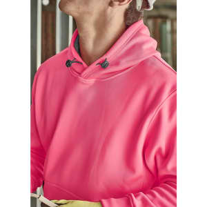 A unisex water-resistant hoodie in bright pink, featuring a hood and front pocket. It has a logo on the chest.