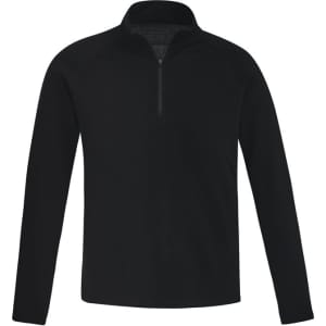 A black unisex Merino wool mid-layer pullover with a quarter-zip collar and long sleeves.