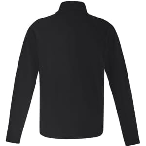 A unisex Merino wool mid-layer pullover in black with a collar and long sleeves, featuring a logo.