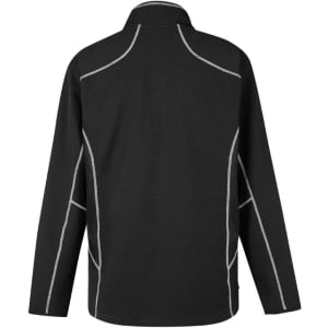 A black mid-layer jacket featuring contrasting white stitching and a high collar. Includes branding on the back.