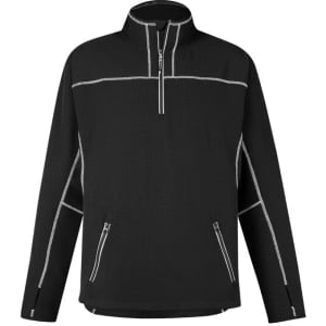 A black mid-layer jacket with white detailing, featuring a half zipper and two front pockets. It has a logo.