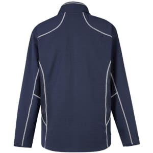 A navy work jacket featuring stretch material, with contrasting white stitching and a branded logo.