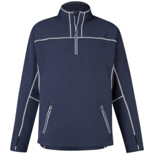 A navy mid-layer jacket featuring a half-zip collar and contrasting stitching, with zippered pockets.