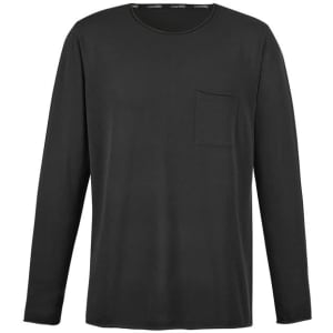 A black unisex pullover with long sleeves and a chest pocket. It features a branding logo.