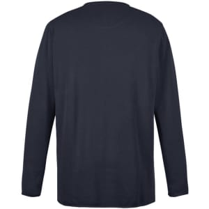 A navy unisex pullover hoodie with long sleeves and a back view. It features a logo.