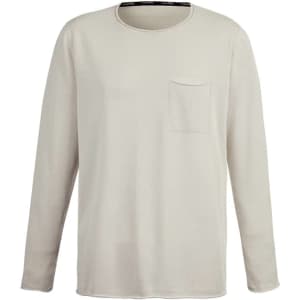 A light beige pullover with long sleeves and a pocket on the front, featuring a logo.