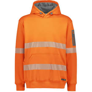 A bright orange unisex hoodie with segmented reflective tape and a front pocket. It features a logo on the sleeve.