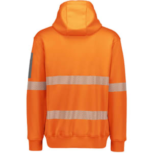 A water-resistant unisex hoodie in bright orange, featuring segmented reflective tape and a hood. It has a logo on one sleeve.