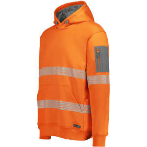 A bright orange unisex hoodie with reflective segmented tape and a grey zipped pocket on the arm.