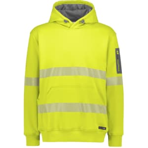 A bright yellow unisex hoodie featuring segmented reflective tape and a grey lining. Includes a logo on the sleeve.