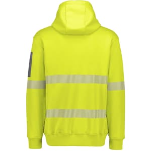 A vibrant yellow, unisex water-resistant hoodie featuring reflective segmented tape and a hood. Includes a logo.