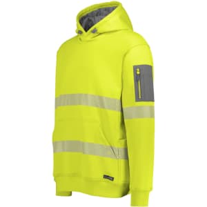 A bright yellow unisex water-resistant hoodie featuring segmented reflective tape and a zippered arm pocket.