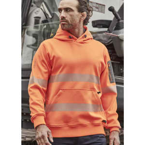 Unisex water-resistant hoodie in bright orange with segmented reflective tape and a zipped pocket, featuring a hood.