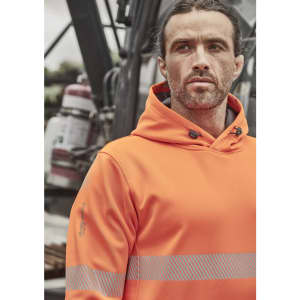 An orange unisex water-resistant hoodie with segmented tape, featuring a hood and a branded logo on the sleeve.