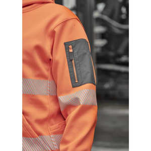 A vibrant orange water-resistant hoodie featuring segmented grey tape and a zippered pocket on the arm.