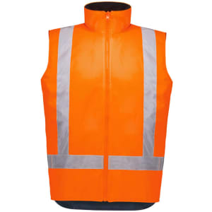 A bright orange reversible vest with reflective stripes and a high collar. It features a logo on the front.