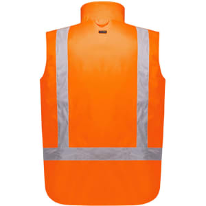 A bright orange, waterproof, reversible vest with reflective stripes and a branded logo on the back.