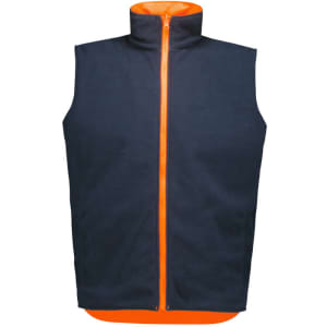 A unisex reversible vest featuring a navy exterior and bright orange interior, with a zip closure and a logo.