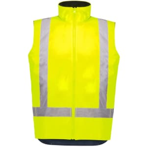 A bright yellow reversible vest featuring reflective strips and a high collar, designed for visibility and waterproof wear.