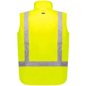 A bright yellow waterproof reversible vest with reflective stripes, featuring a logo on the back.