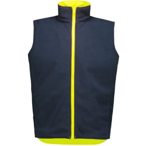 A reversible vest in navy and hi-vis yellow, featuring a full front zip and a collar, with a logo.