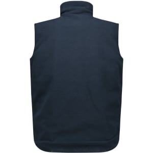 A unisex hi vis waterproof reversible vest in navy blue with a back view. Features a collar and branding.
