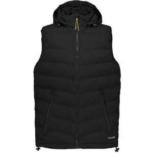 A black unisex hooded puffer vest with a front zipper and two side pockets, featuring a logo.