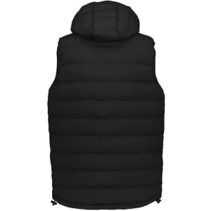 A black unisex hooded puffer vest featuring a quilted design and a drawstring hem. It has a logo on the back.