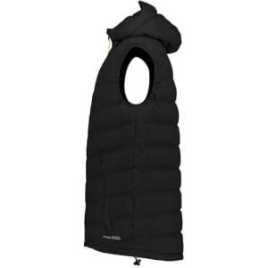 A black unisex hooded puffer vest with armholes and a zippered front pocket, featuring a logo on the side.