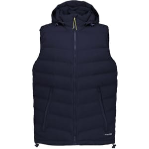 A navy unisex hooded puffer vest with a front zip and two side pockets. Features a logo on the upper.
