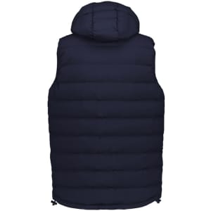 A navy hooded puffer vest featuring a quilted design and a drawstring hem. Includes a logo on the back.