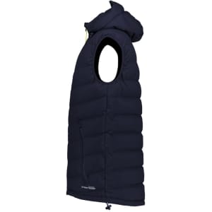 A unisex hooded puffer vest in navy blue, featuring a logo and a sleeveless design.