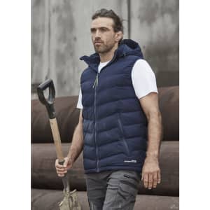 Unisex hooded puffer vest in navy, featuring a zipper and a logo, modelled by a man holding a shovel outdoors.