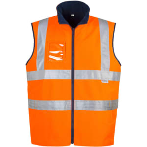 An orange hi-vis lightweight waterproof vest featuring reflective stripes and a zipped front. It has a clear pocket on the chest.