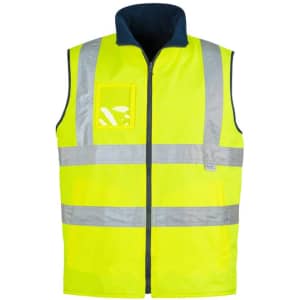 A lightweight waterproof vest in high visibility yellow, featuring reflective stripes and a zip front. It has a logo.